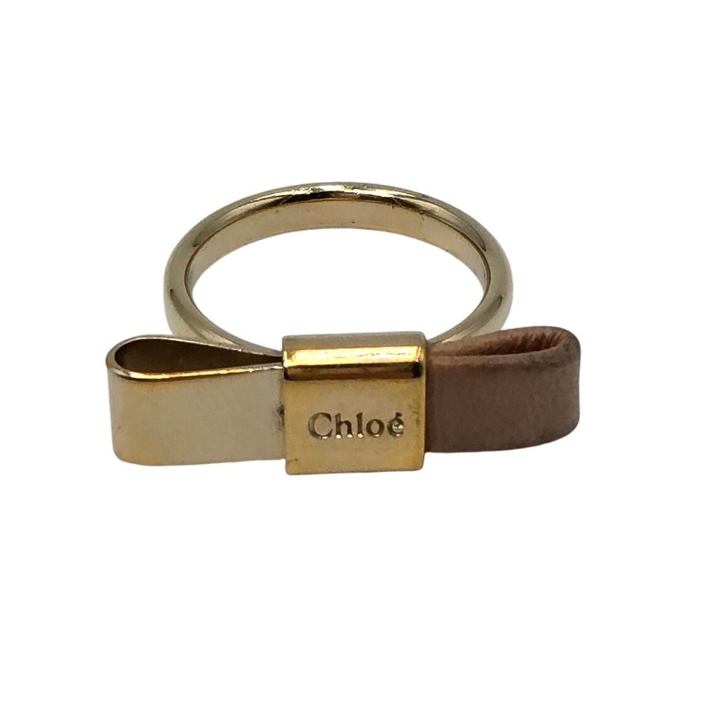 Chloe Bow Ring Gold Tone Metal Tan Leather Logo Engraved Size 5.5 US 51 EU